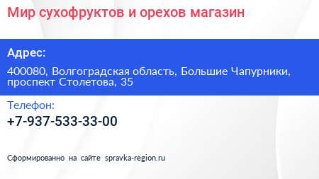 Мир сухофруктов и орехов магазин - визитка