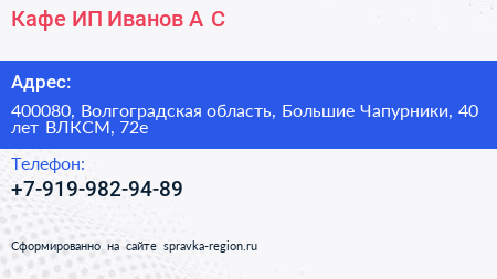 Кафе ИП Иванов А С  - визитка
