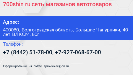 700shin ru сеть магазинов автотоваров - визитка