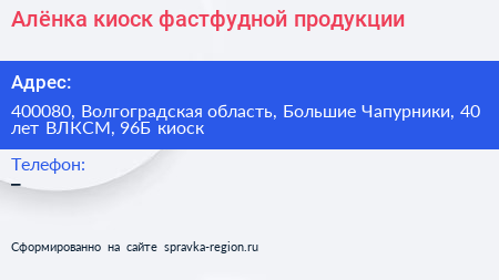 Алёнка киоск фастфудной продукции - визитка