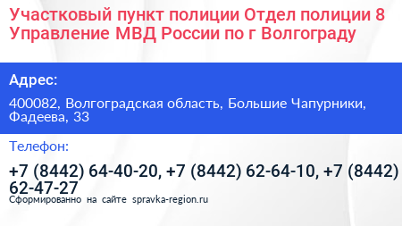 Участковый пункт полиции Отдел полиции 8 Управление МВД России по г Волгограду - визитка