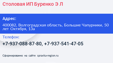 Столовая ИП Буренко Э Л  - визитка