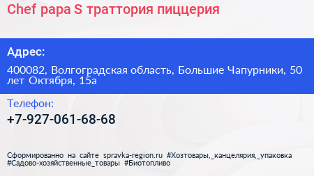 Chef papa S траттория пиццерия - визитка