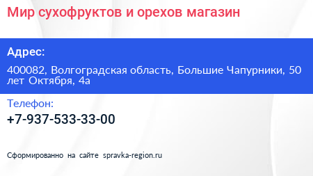 Мир сухофруктов и орехов магазин - визитка