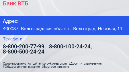 Банк ВТБ - визитка