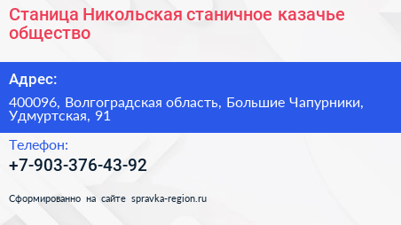 Станица Никольская станичное казачье общество - визитка