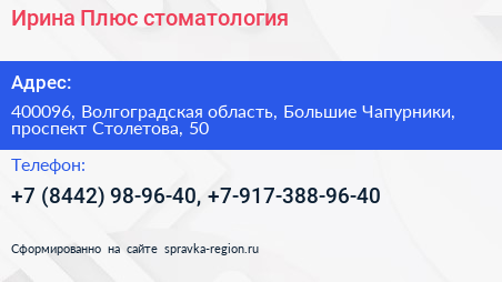 Ирина Плюс стоматология - визитка