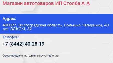 Магазин автотоваров ИП Столба А А  - визитка