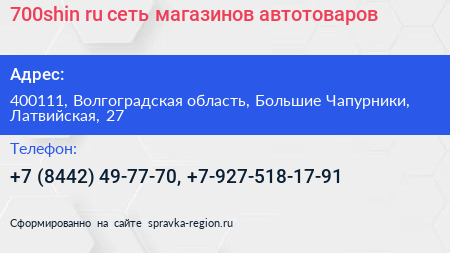 700shin ru сеть магазинов автотоваров - визитка