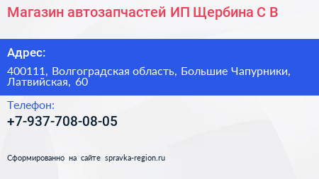 Магазин автозапчастей ИП Щербина С В  - визитка