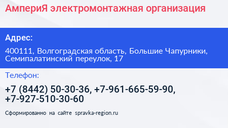 АмпериЯ электромонтажная организация - визитка