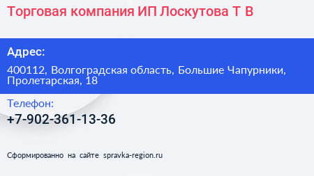 Торговая компания ИП Лоскутова Т В  - визитка