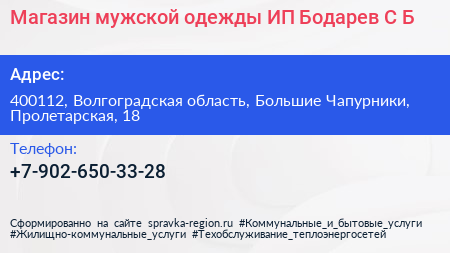 Магазин мужской одежды ИП Бодарев С Б  - визитка