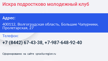 Искра подростково молодежный клуб - визитка