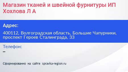 Магазин тканей и швейной фурнитуры ИП Хохлова Л А  - визитка