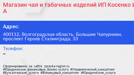 Магазин чая и табачных изделий ИП Косенко И А  - визитка