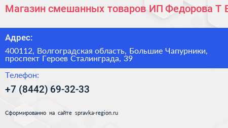 Магазин смешанных товаров ИП Федорова Т В  - визитка