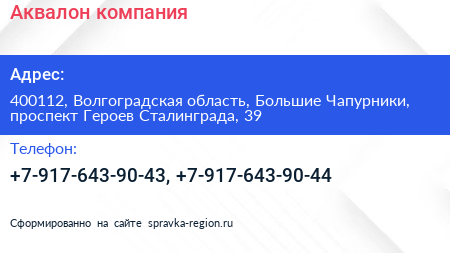 Аквалон компания - визитка