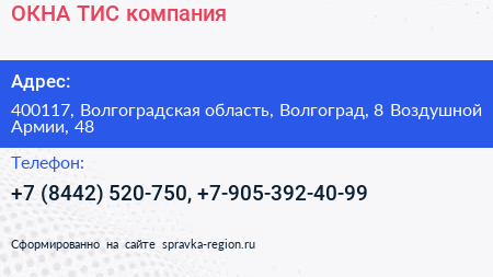 ОКНА ТИС компания - визитка