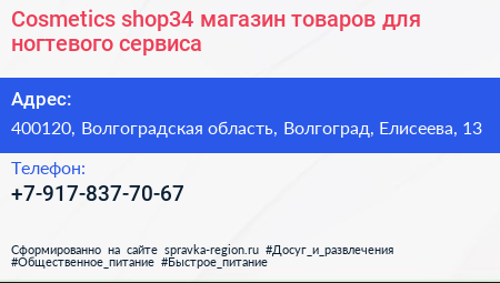 Cosmetics shop34 магазин товаров для ногтевого сервиса - визитка