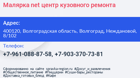 Малярка net центр кузовного ремонта - визитка