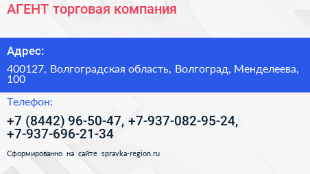 АГЕНТ торговая компания - визитка