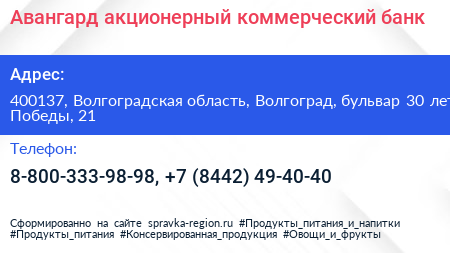 Авангард акционерный коммерческий банк - визитка