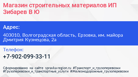 Магазин строительных материалов ИП Зибарев В Ю  - визитка