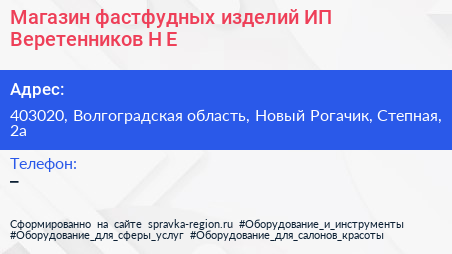 Магазин фастфудных изделий ИП Веретенников Н Е  - визитка