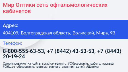 Мир Оптики сеть офтальмологических кабинетов - визитка