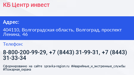 КБ Центр инвест - визитка