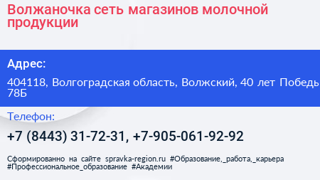 Волжаночка сеть магазинов молочной продукции - визитка