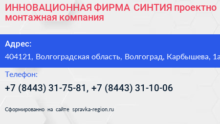 ИННОВАЦИОННАЯ ФИРМА СИНТИЯ проектно монтажная компания - визитка