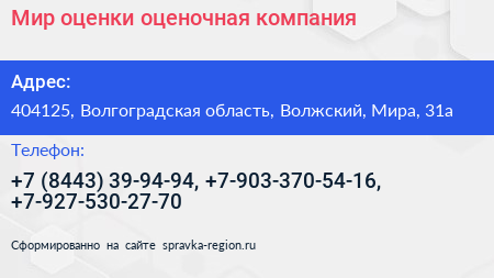 Мир оценки оценочная компания - визитка