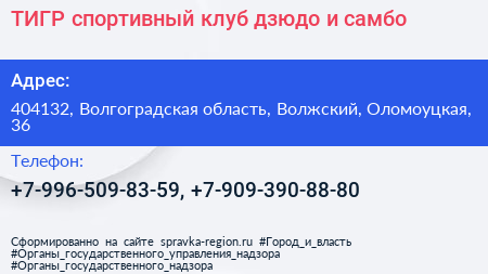 ТИГР спортивный клуб дзюдо и самбо - визитка