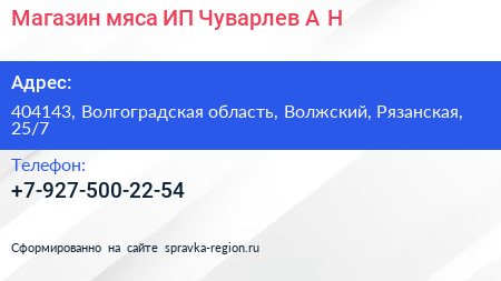 Магазин мяса ИП Чуварлев А Н  - визитка
