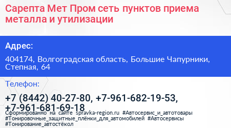Сарепта Мет Пром сеть пунктов приема металла и утилизации - визитка