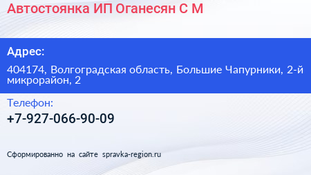 Автостоянка ИП Оганесян С М  - визитка