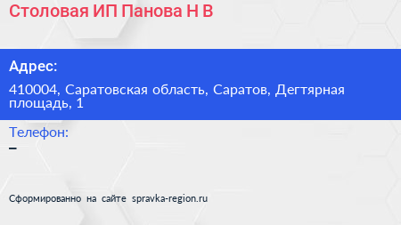 Столовая ИП Панова Н В  - визитка