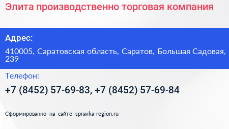 Элита производственно торговая компания - визитка