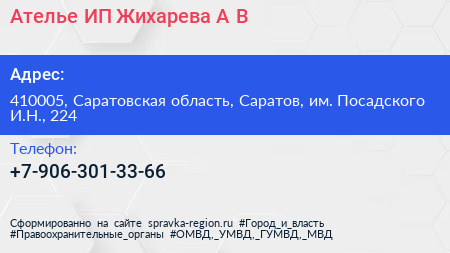 Ателье ИП Жихарева А В  - визитка