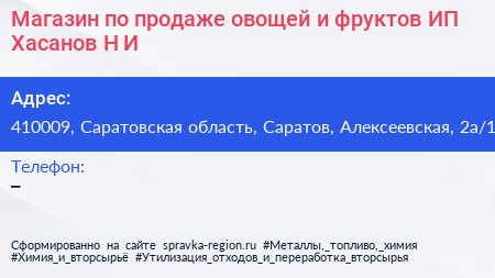 Магазин по продаже овощей и фруктов ИП Хасанов Н И  - визитка
