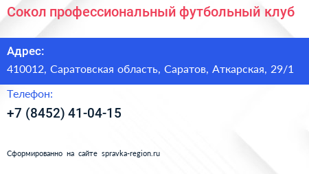 Сокол профессиональный футбольный клуб - визитка