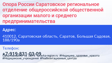 Опора России Саратовское региональное отделение общероссийской общественной организации малого и среднего предпринимательства - визитка