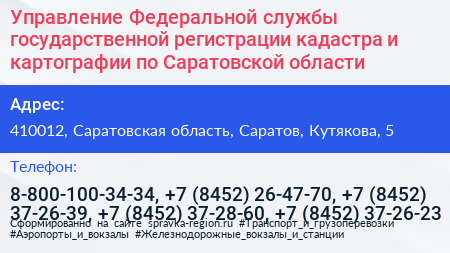 Управление Федеральной службы государственной регистрации кадастра и картографии по Саратовской области - визитка