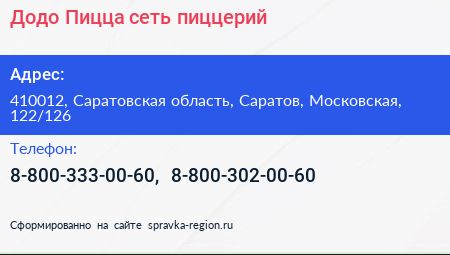 Додо Пицца сеть пиццерий - визитка