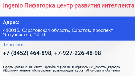 Ingenio Пифагорка центр развития интеллекта - визитка