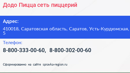 Додо Пицца сеть пиццерий - визитка