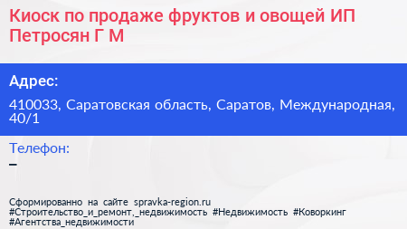 Киоск по продаже фруктов и овощей ИП Петросян Г М  - визитка