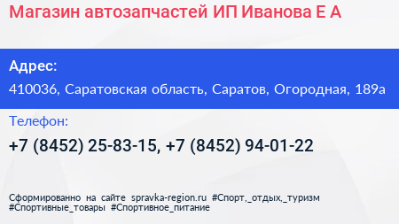 Магазин автозапчастей ИП Иванова Е А  - визитка